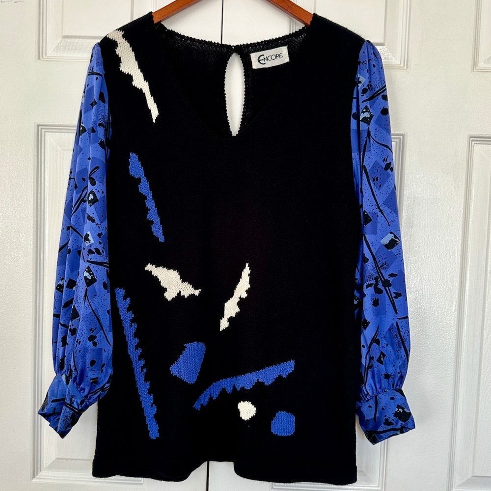 80s Sweater Vintage Geometric Print Fine Knit Sweater Shoulder Pads Size L